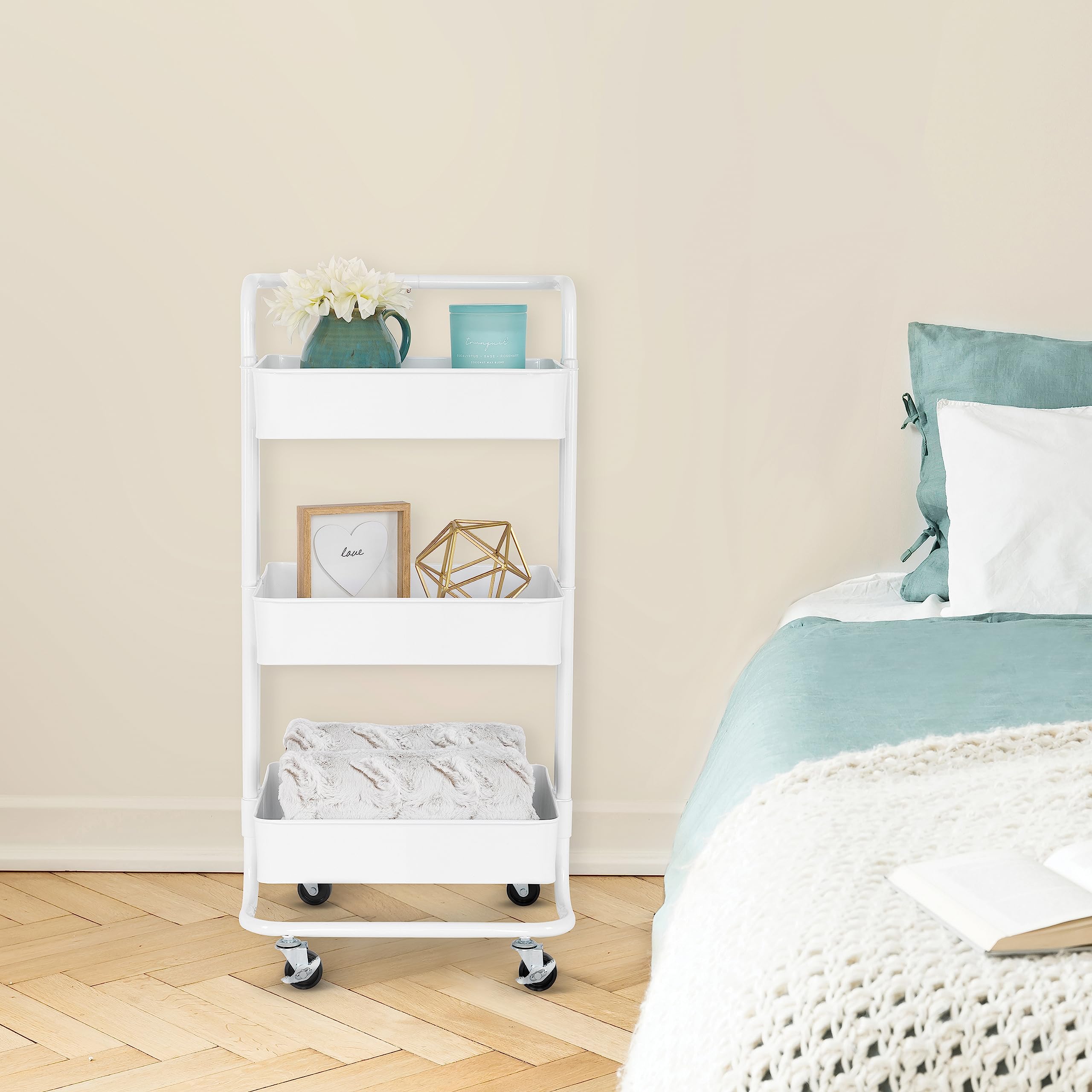 Seville Classics 3 Bin Metal Rolling Storage Utility Cart Organizer Trolley w/Lockable Wheels for Office, Art Supplies, School, Salon, Kitchen, Garage, Home, White w/Handle - Image 5