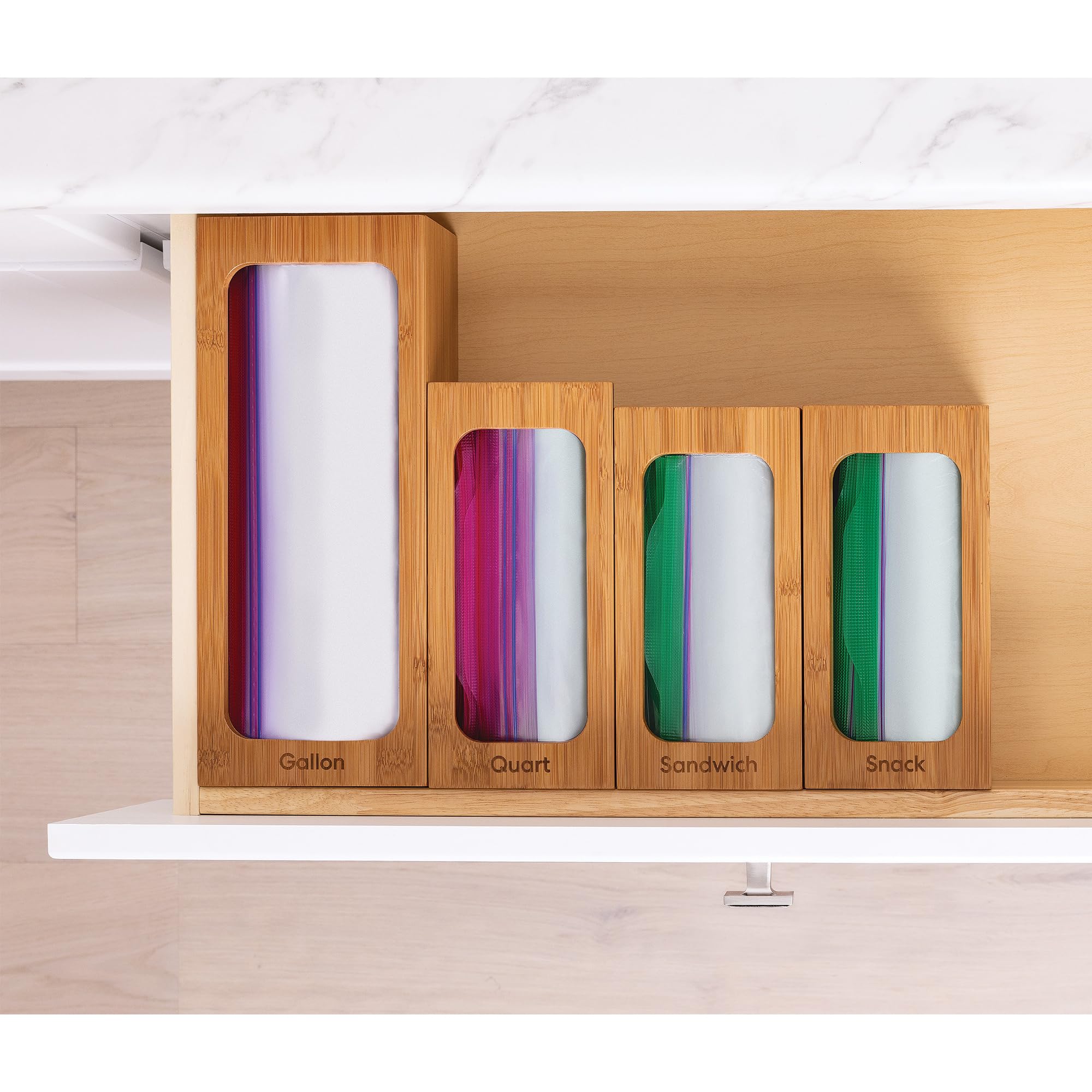 Seville Classics Bamboo Premium Organizer Storage Bins for Kitchen Silverware, Pantry, Closet, Office Desk, Pens, Utensils, Makeup, K Cup, Bamboo, Bag Holder Bin Set (4 Piece) - Image 3