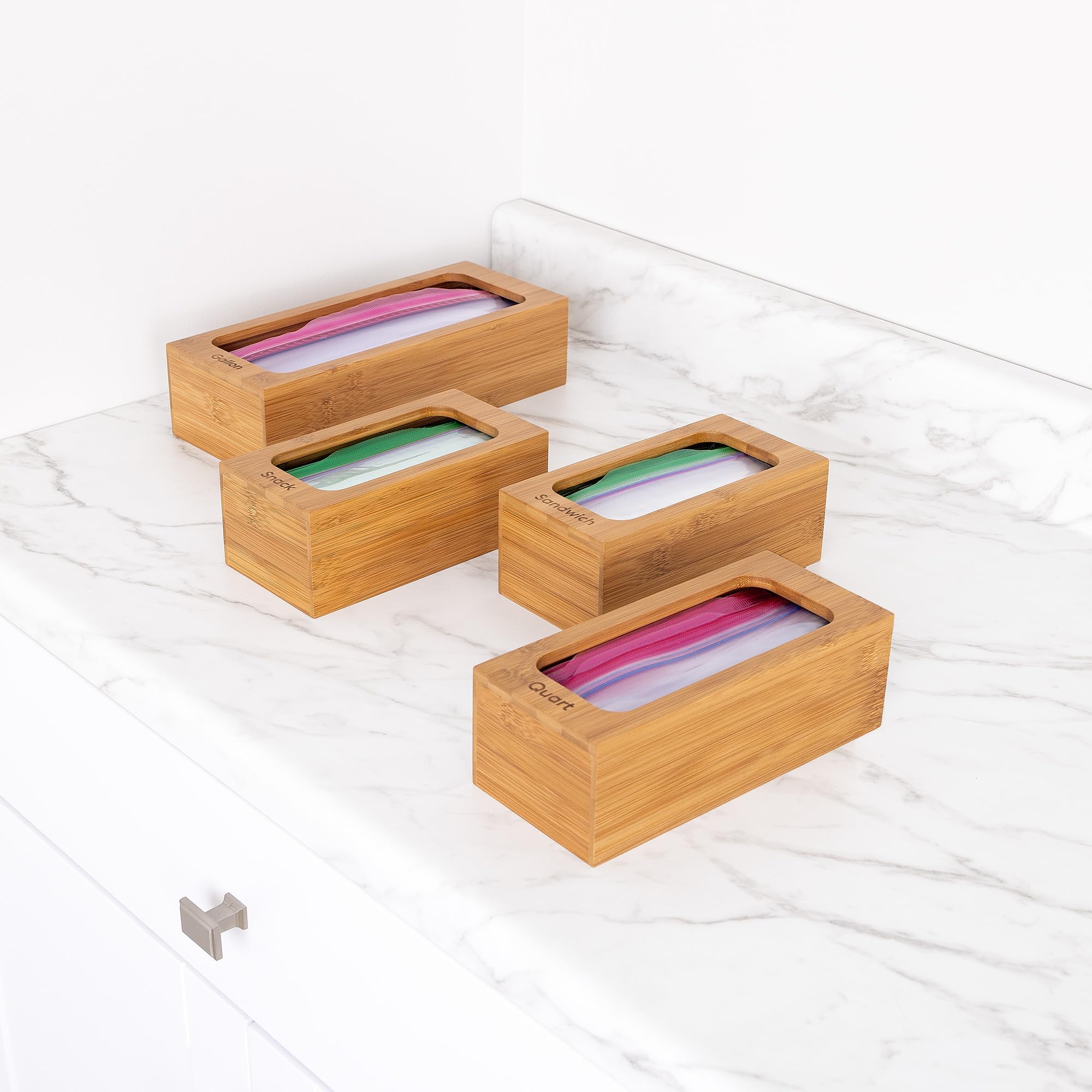 Seville Classics Bamboo Premium Organizer Storage Bins for Kitchen Silverware, Pantry, Closet, Office Desk, Pens, Utensils, Makeup, K Cup, Bamboo, Bag Holder Bin Set (4 Piece) - Image 5