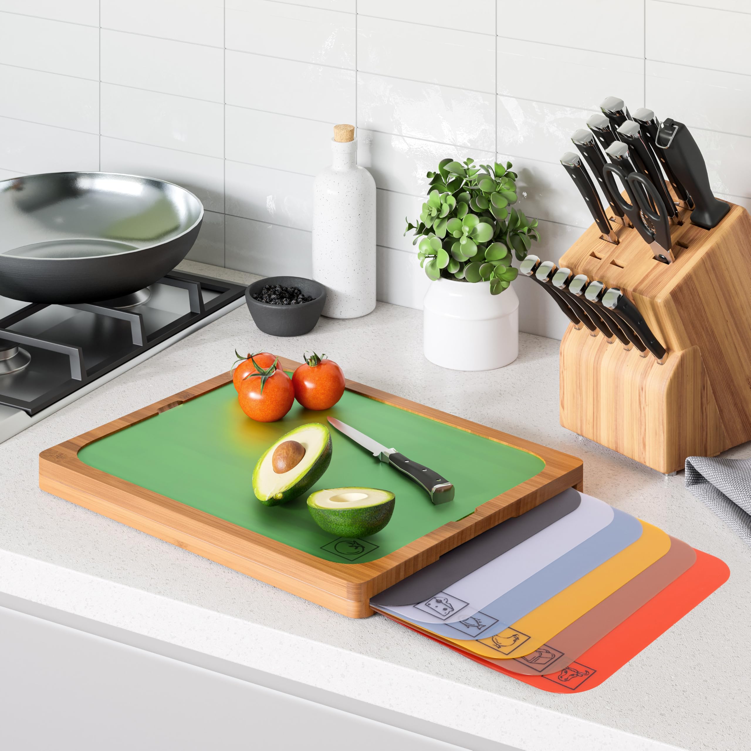 Seville Classics Bamboo Premium Wood Cutting Board Serving Tray w/ 7 Color-Coded BPA-Free Mats, for Chopping Bread, Cheese, Fruits, Vegetables, Meats, Charcuterie (PATENTED), Bamboo (NEW MODEL) - Image 3