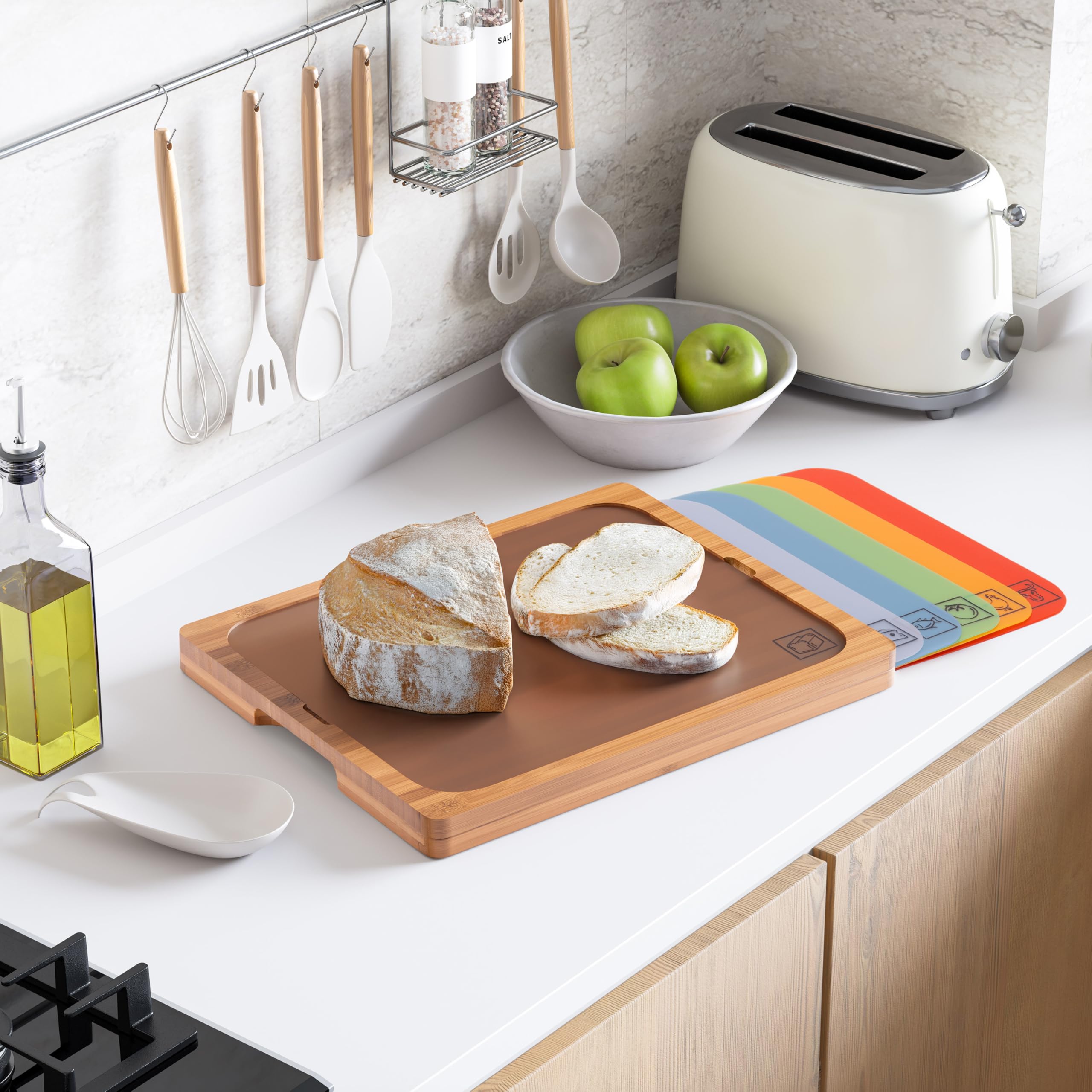 Seville Classics Bamboo Premium Wood Cutting Board Serving Tray w/ 7 Color-Coded BPA-Free Mats, for Chopping Bread, Cheese, Fruits, Vegetables, Meats, Charcuterie (PATENTED), Bamboo (NEW MODEL) - Image 4