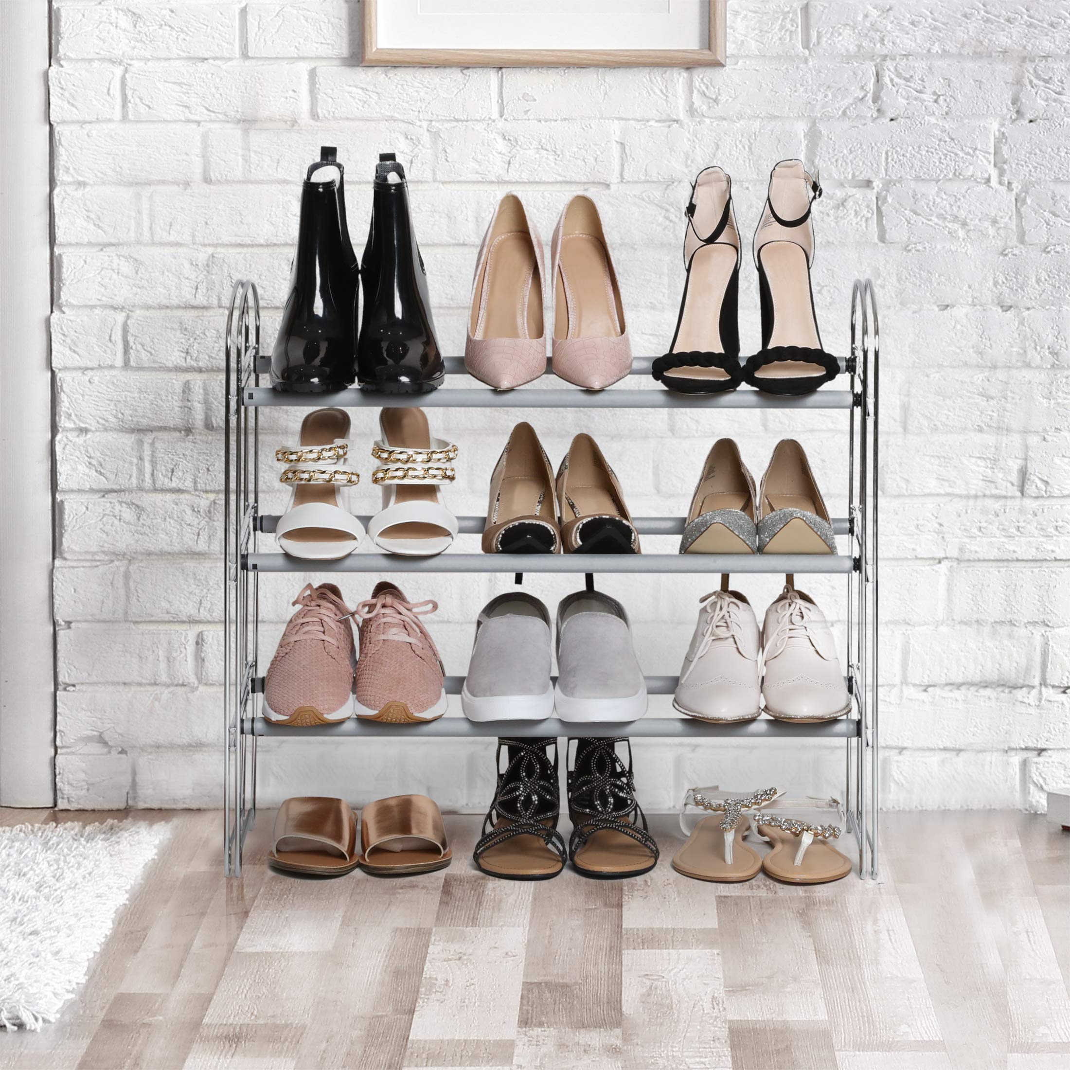 Seville Classics Expandable and Adjustable Shoe Rack Organizer, for Bedroom, Closet, Entryway, Hallway, Chrome Plated, 3-Tier - Image 4