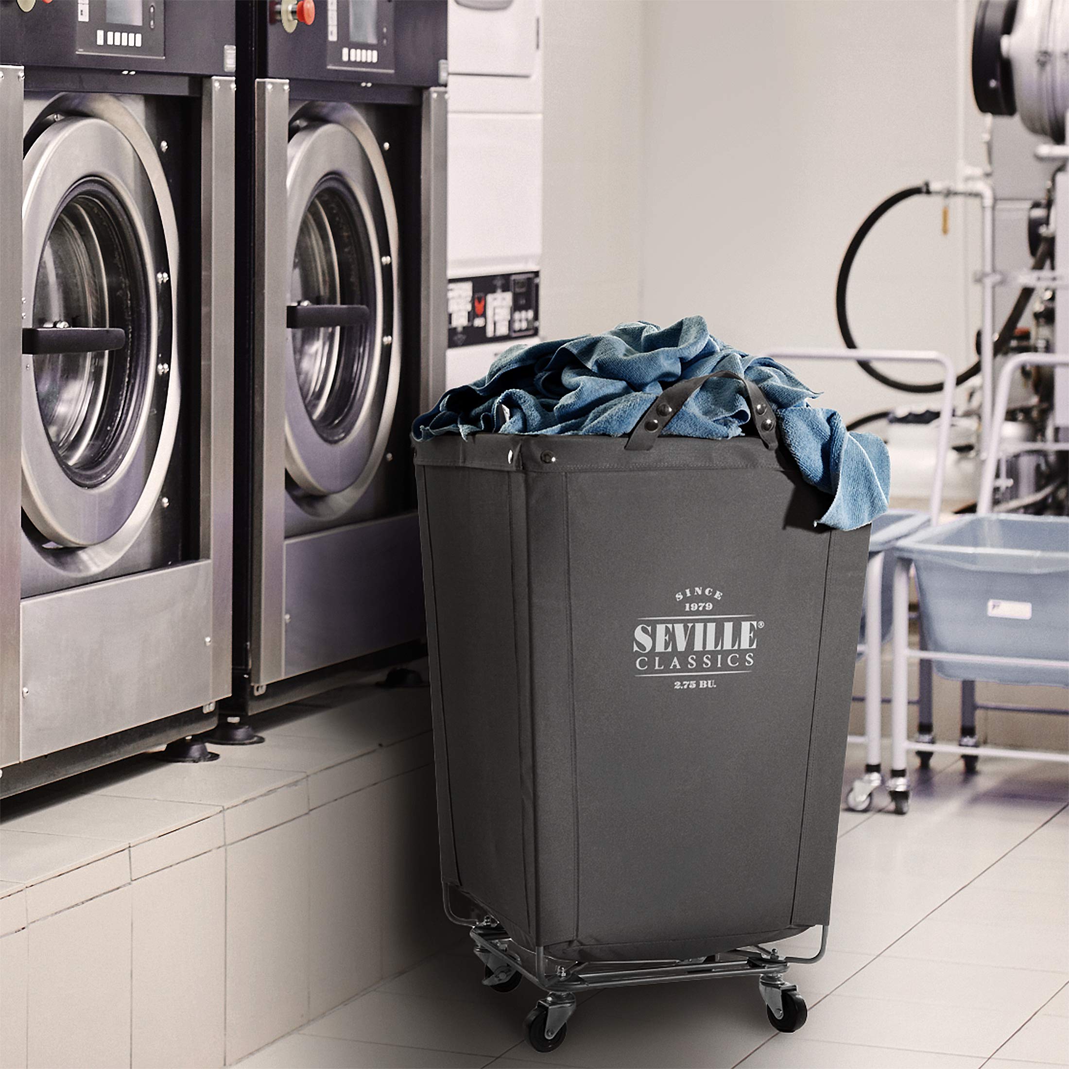 Seville Classics Large Commercial Heavy Duty Rolling Steel Frame Laundry Hamper Canvas Cart Bin, w/ Wheels for Hotel, Home, Closet, Bedroom (PATENTED), Gray, 18.1" D x 18.1" W - Image 4