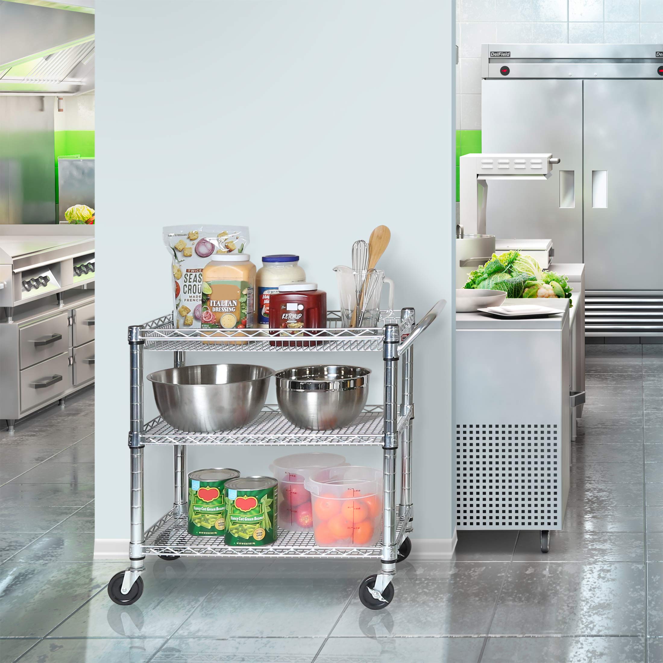 Seville Classics UltraDurable NSF Commercial Heavy Duty Metal Rolling Utility Cart, Handle Bar for Restaurant, Garage, Warehouse, Kitchen, Office, Deep Top Basket (34.8"W x 18.25"D) - Image 3
