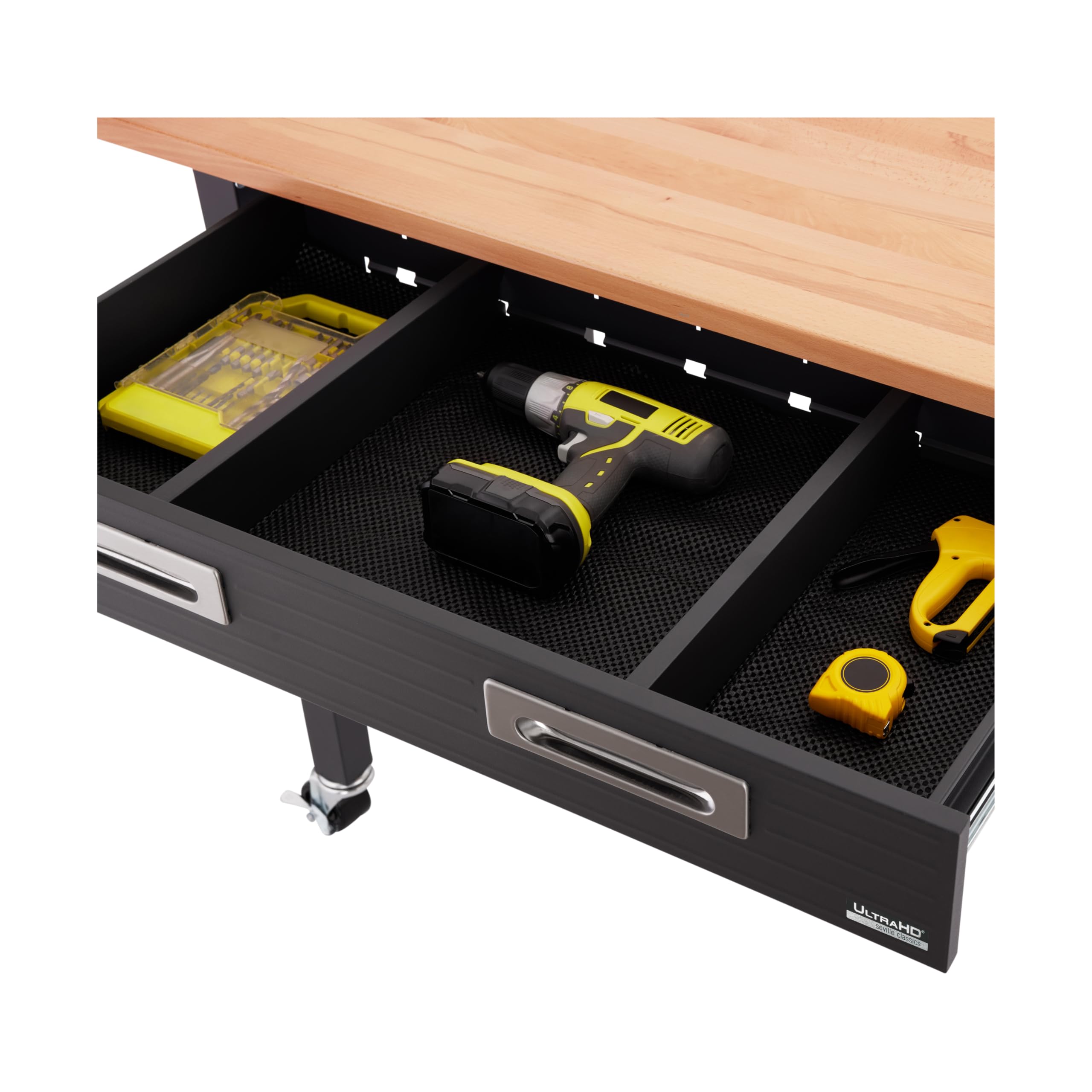 Seville Classics UltraGraphite Wood Top Workbench on Wheels with Sliding Organizer Drawer Table, 48", Graphite - Image 6