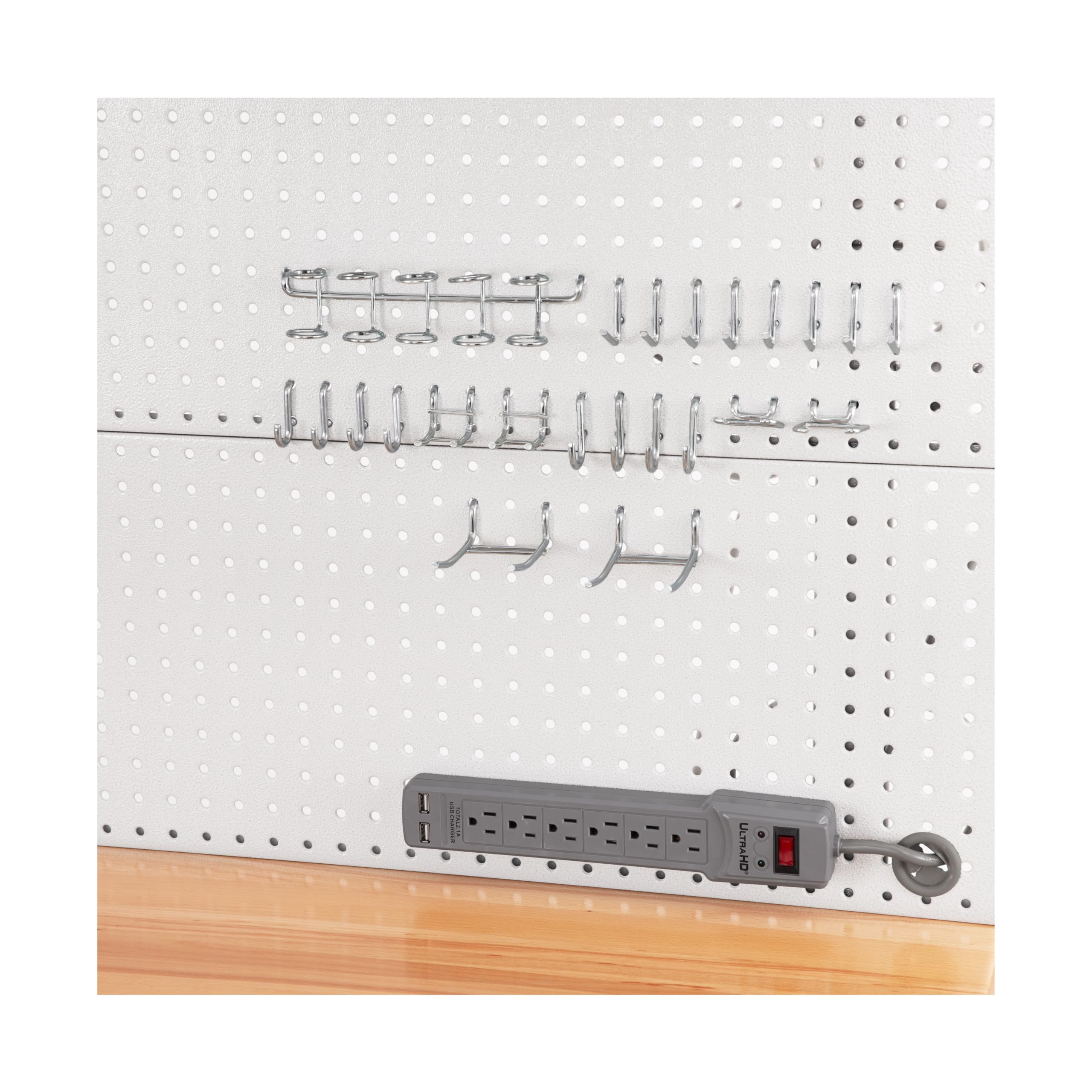 Seville Classics UltraHD Heavy Duty Commercial Lighted Workcenter w/Pegboard, 500 lbs. Weight Capacity for Garage, Warehouse, Workshop, Solid Wood Top, White, 48" W x 24" D x 65.5" H - Image 6