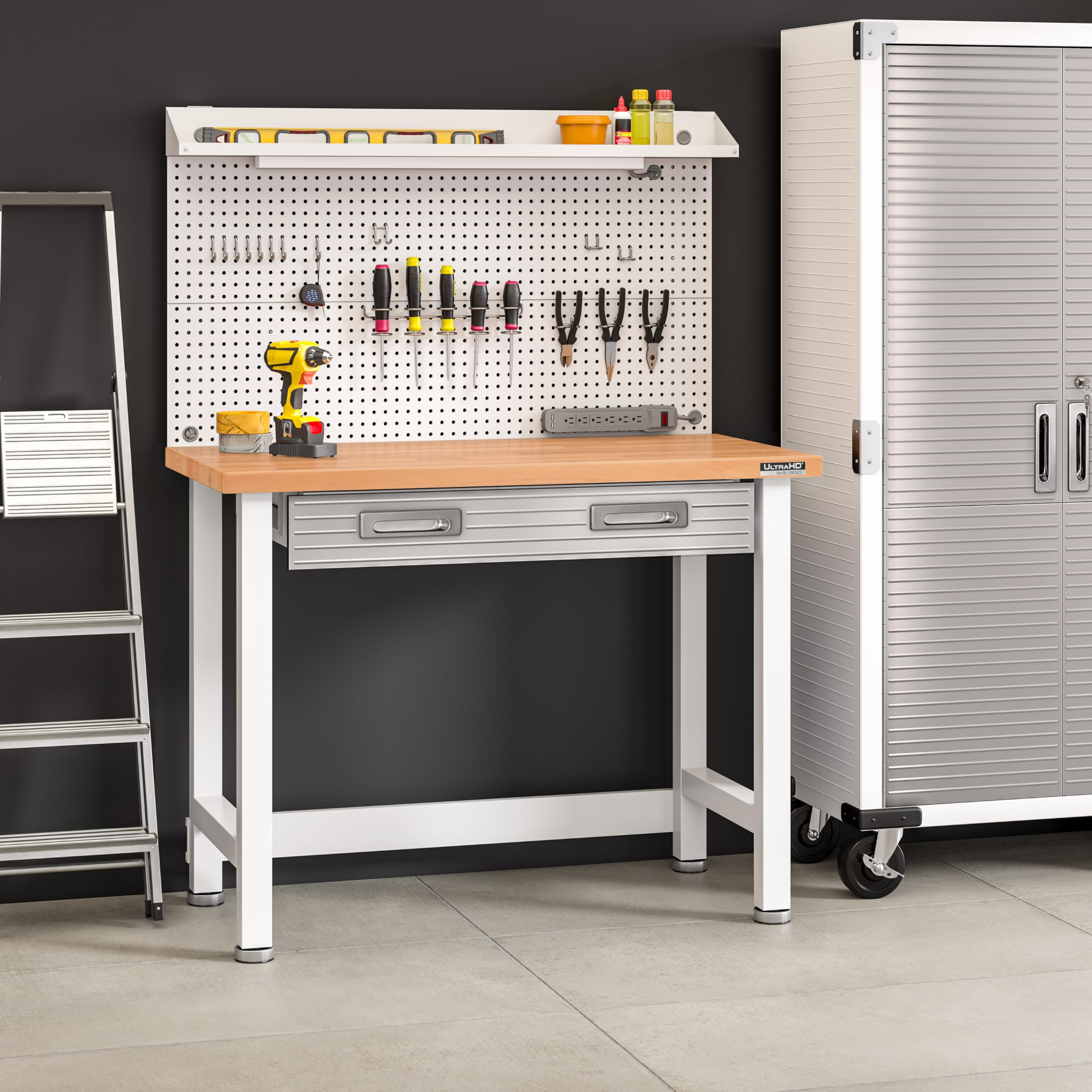 Seville Classics UltraHD Heavy Duty Commercial Lighted Workcenter w/Pegboard, 500 lbs. Weight Capacity for Garage, Warehouse, Workshop, Solid Wood Top, White, 48" W x 24" D x 65.5" H - Image 8