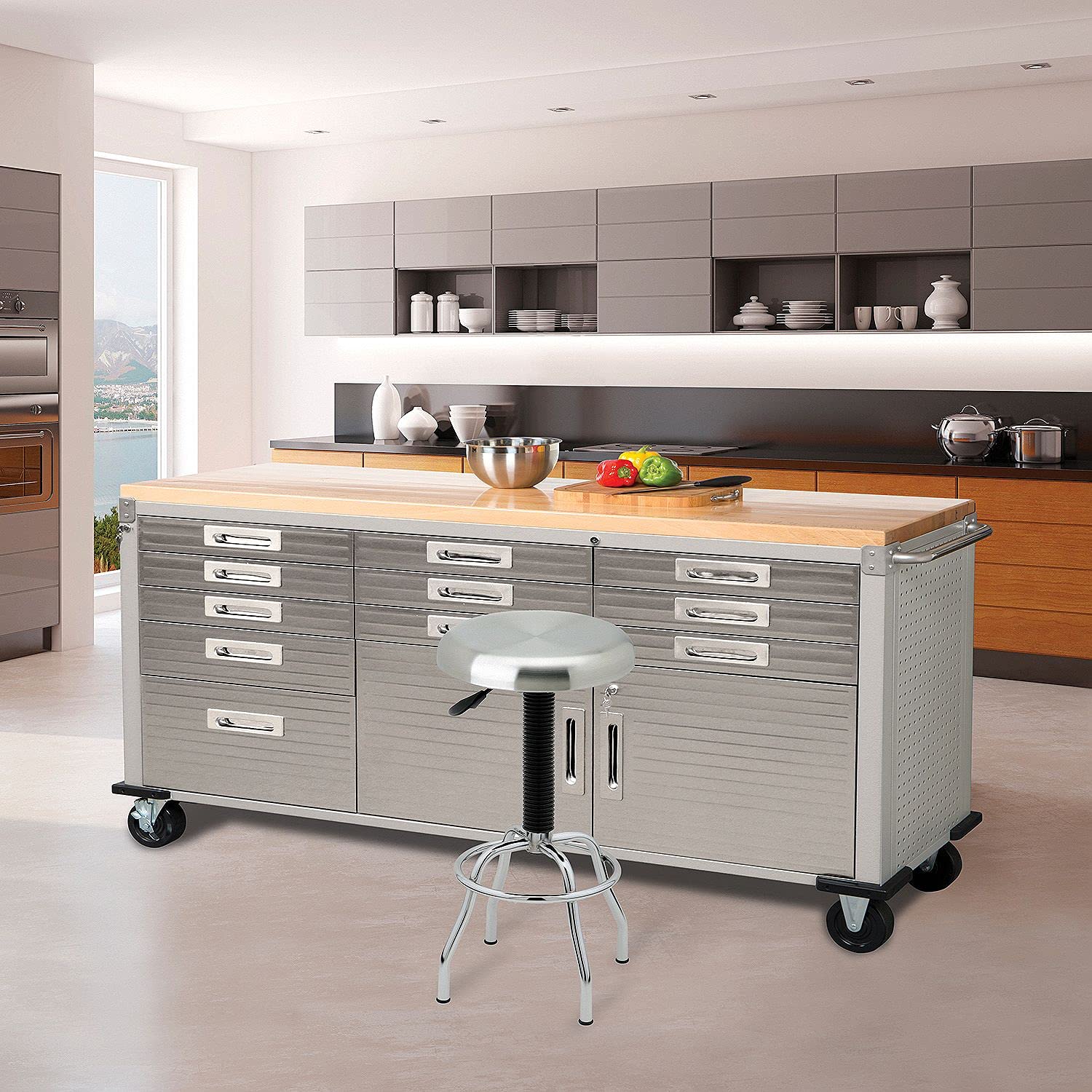 Seville Classics UltraHD Heavy Duty Rolling Cabinet Workbench Table w/Solid Wood Top, Workstation for Garage, Warehouse, Office, Workshop, 77" W x 20" D x 37.5" H, Granite, 11-Drawer - Image 7